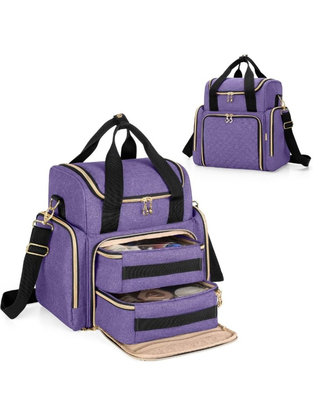 Stylish Travel Makeup Bag with 2 Removable Cases - Purple Organizer for